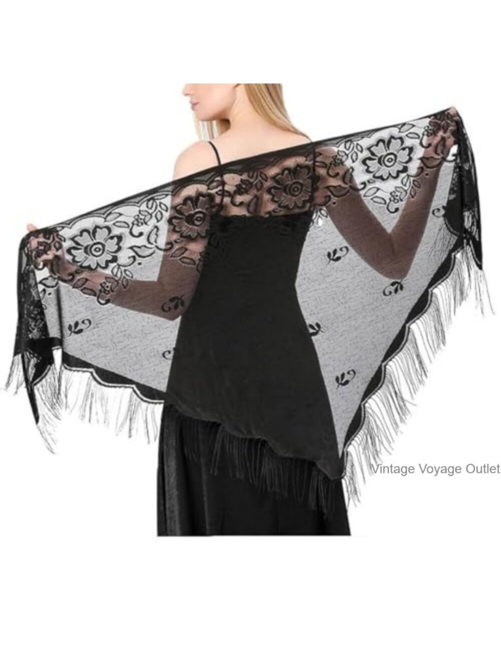 Lace Shawl Wrap Fringed Triangle Evening Cape One Size